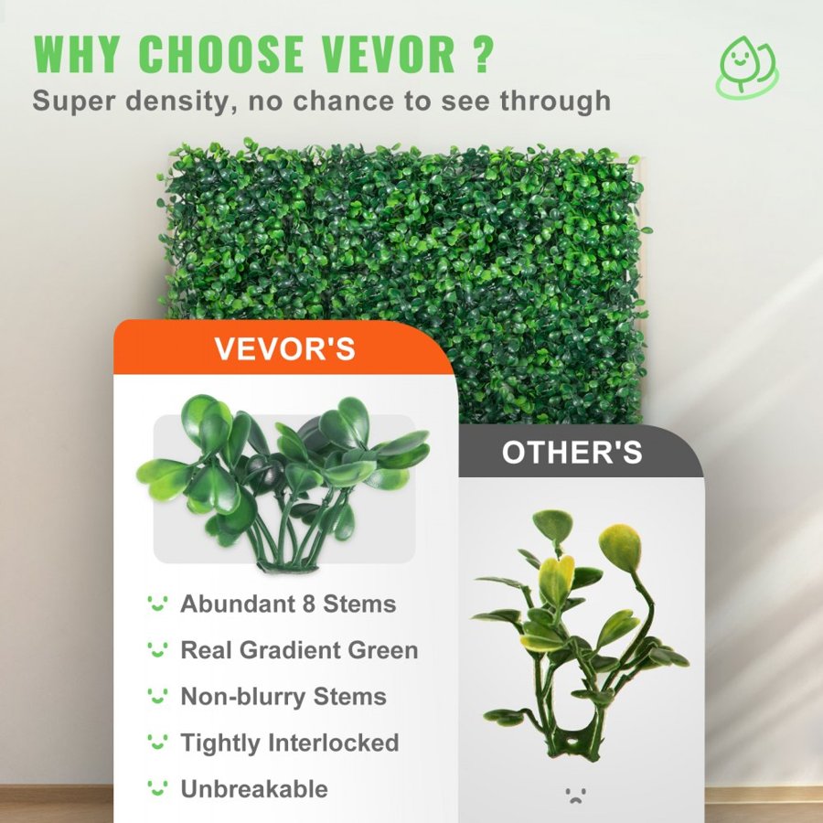 VEVOR 12PCS 10x10 inch Artificial Boxwood Panels, Boxwood Hedge Wall Mat,Artificial Grass Backdrop Wall, Privacy Hedge Screen UV Protected for Outdoor Indoor Garden Fence Backyard