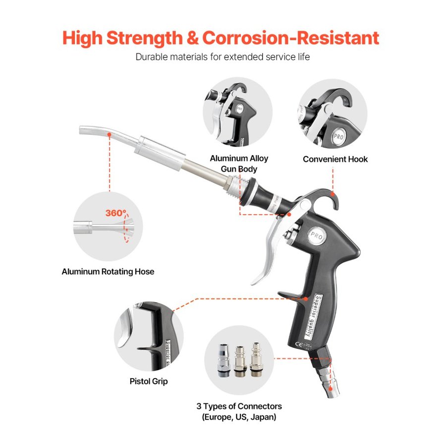 VEVOR Car Cleaning Gun, 6-9.2 Bar High-Pressure Air Blow Gun with 2 Set Nozzles, 360° Rotating Nozzle for Complete Cleaning, Quickly Blasts Dirt and Dust from Surface, Work with 1/4 NPT Air Compressor