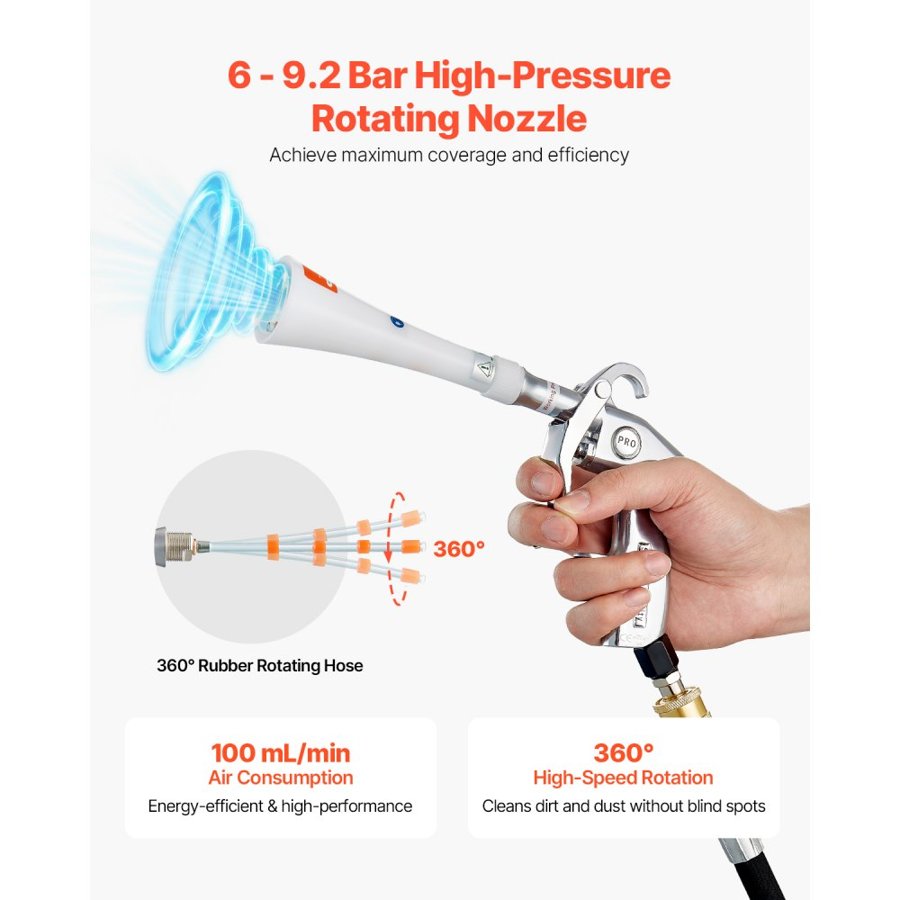 VEVOR Car Cleaning Gun, 6-9.2 Bar High-Pressure Air Blow Gun with 2 Set Nozzles, 360° Rotating Nozzle for Thorough Cleaning, Quickly Blasts Dirt and Dust from Surface, Work with 1/4 NPT Air Compressor