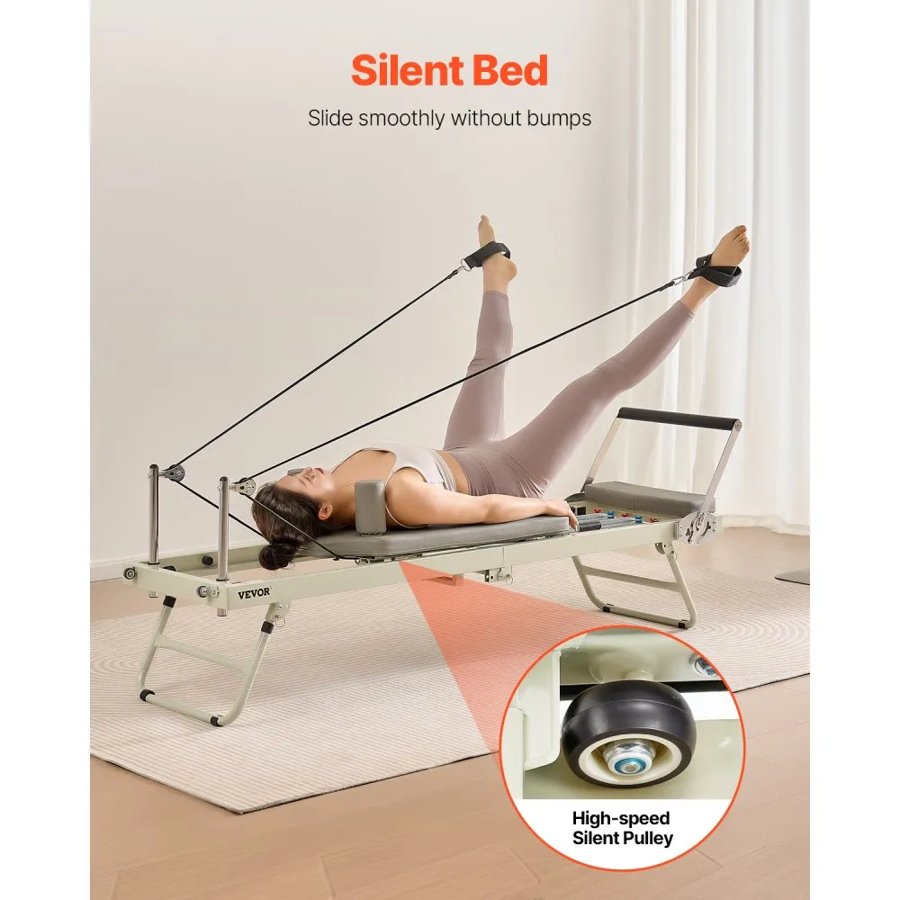 VEVOR Foldable Pilates Reformer, Pilates Workout Machine for Home Gym Studio Use, Pilates Bed with Dual Resistance- Spring & Cord, Reformer Set for Advanced Users and Beginners, Up to 400 LBS