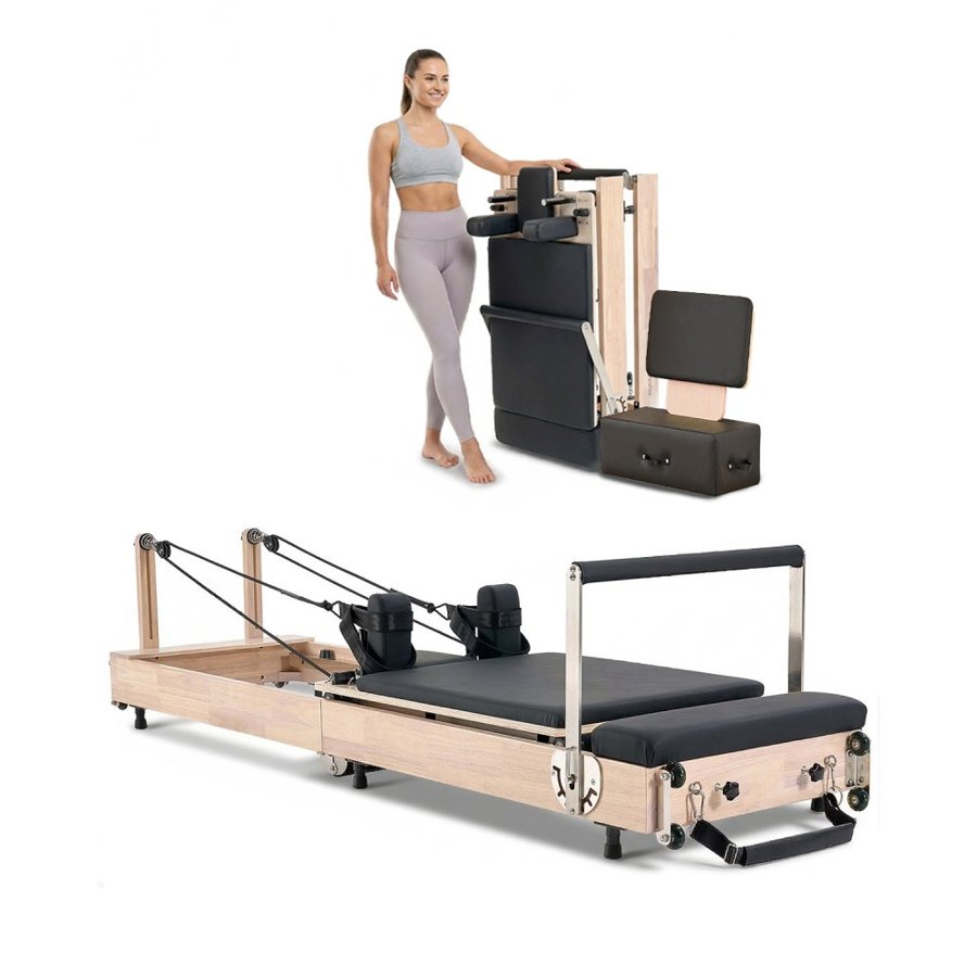 VEVOR Foldable Pilates Reformer, Wooden Pilates Workout Machine for Home Gym Studio Use, Pilates Bed with Dual Resistance- Spring & Cord, Reformer Set with Sitting Box, Up to 400 LBS