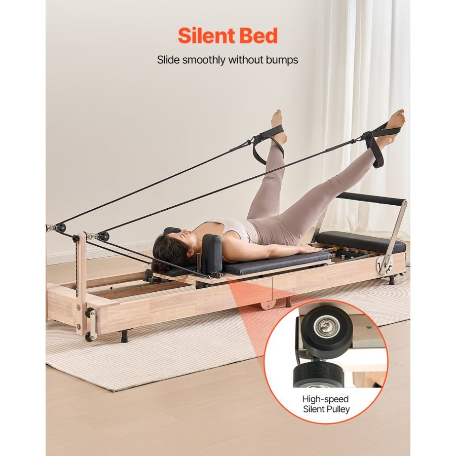 VEVOR Foldable Pilates Reformer, Wooden Pilates Workout Machine for Home Gym Studio Use, Pilates Bed with Dual Resistance- Spring & Cord, Reformer Set with Sitting Box, Up to 400 LBS