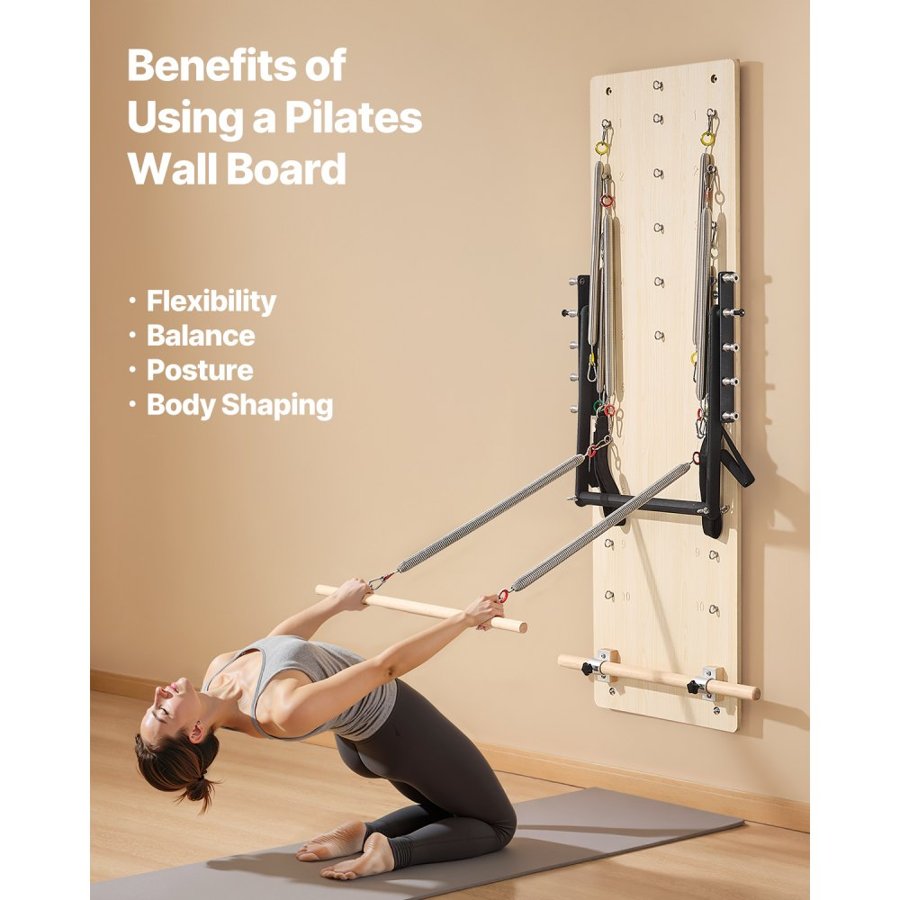 VEVOR Wall Mounted Pilates Reformer Machine, Maple Wood Pilates Springboard, Exercise Equipment with Resistance Springs, Yoga Fitness Trainer, Suitable for Flexibility Balance, Home Gym Studio Workout