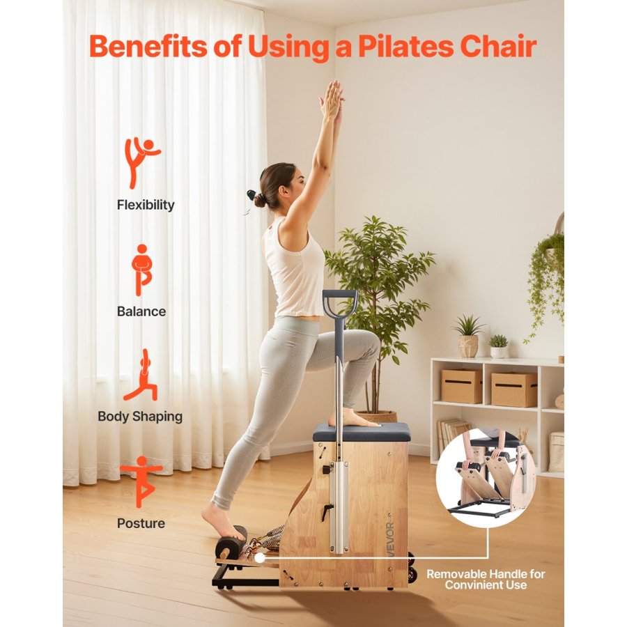 VEVOR Pilates Chair, Split-Pedal Stability Combo Chairs with Handles, Rubber Wood Frame Yoga Fitness Trainer, Exercise Reformer, Pilates Resistance-Workout Equipment, for Home Gym Studio Workout