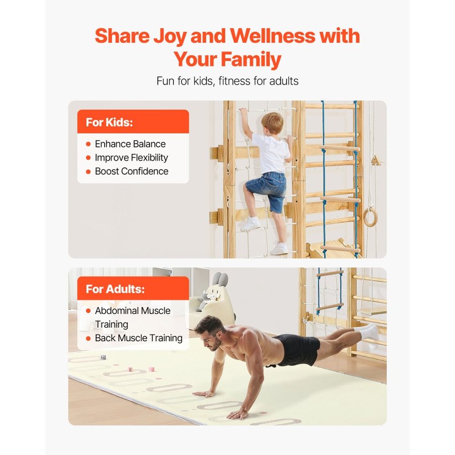 VEVOR Swedish Ladder Wall Gym, 8-in-1 12-Level Solid Wood Gymnastic Stall Bars for Kids Adults, 220LBS Indoor Jungle Gym Playset with Climbing Board, Gym Rings, Pull-Up Bar, Wall Ladder, Slide, Swing