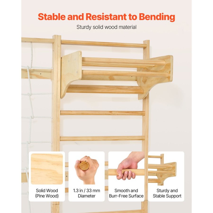 VEVOR Swedish Ladder Wall Gym, 8-in-1 12-Level Solid Wood Gymnastic Stall Bars for Kids Adults, 220LBS Indoor Jungle Gym Playset with Climbing Board, Gym Rings, Pull-Up Bar, Wall Ladder, Slide, Swing