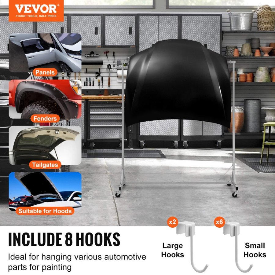 VEVOR Painting Rack, 5 ft-7 ft Adjustable Height, 66 lbs Capacity Automotive Paint Rack Stand, 8 Hooks Painting Drying Rack with 4 Swiveling Wheels, Auto Body Stand for Auto Repair Shops & Garage