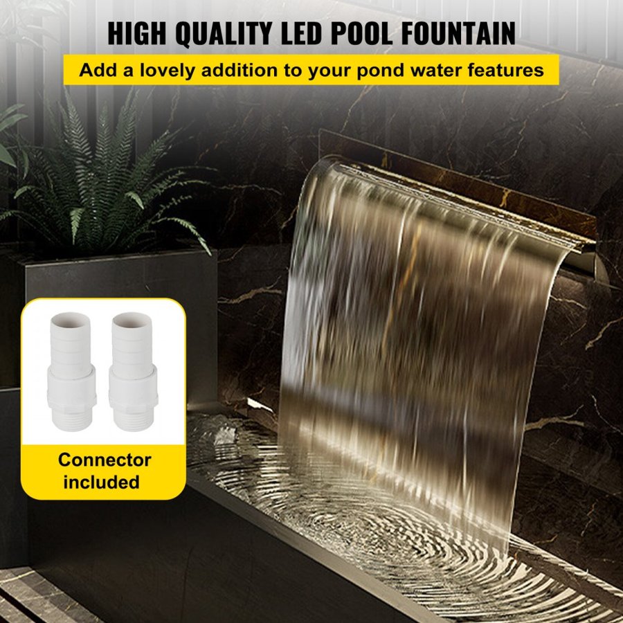 VEVOR Swimming Pool Waterfall Spillway 120x11.5x8 cm Stainless Steel Swimming Pool Waterfall Fountain with Colorful LED Strip, Hose Connector, Remote Control, Corrosion Resistant for Pond, Outdoor Garden