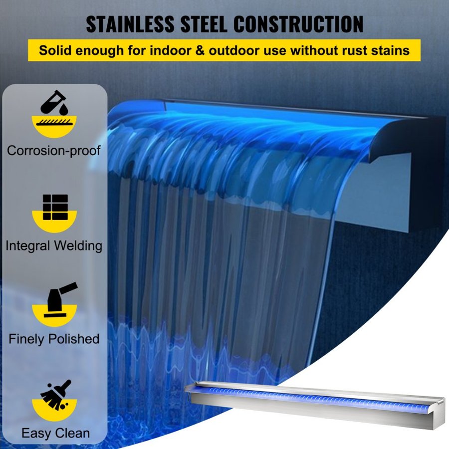 35.4" x 4.5" x 3.1" Stainless Steel Decorative Waterfall Pool Fountain  With LED Strip Light For Garden Pond Indoors And Outdoors
