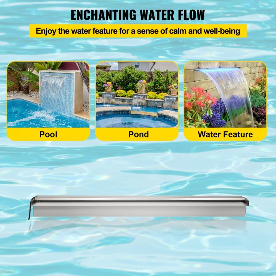 35.4" x 4.5" x 3.1" Stainless Steel Decorative Waterfall Pool Fountain  With LED Strip Light For Garden Pond Indoors And Outdoors