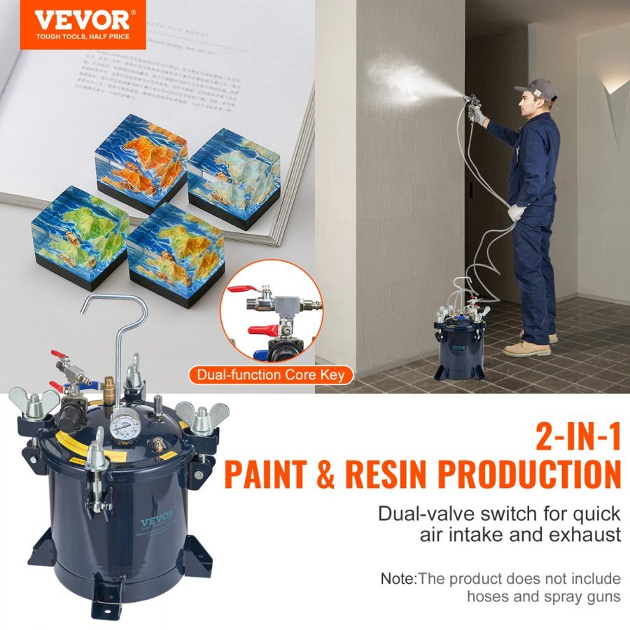 VEVOR Spray Paint Pressure Pot Tank, 10L/2.5gal Air Paint Pressure Pot, Metal Rack & Leak Repair Sealant for Industry Home Decor Architecture Construction Automotive Painting, 70PSI Max