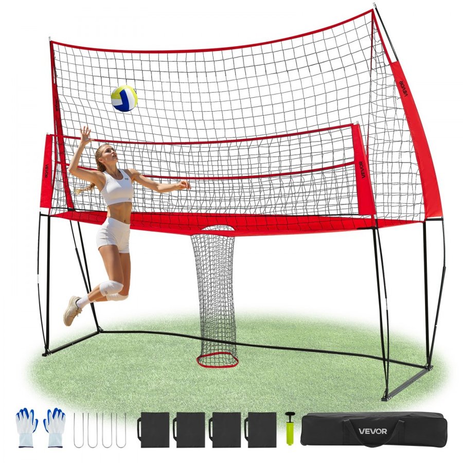 VEVOR 2-in-1 Volleyball Training Net System, Freely Height-Adjustable Practice Equipment with Ball Return, Portable Net Station, Easy Setup for Backyard Indoor Outdoor Serving Spiking Improve Accuracy