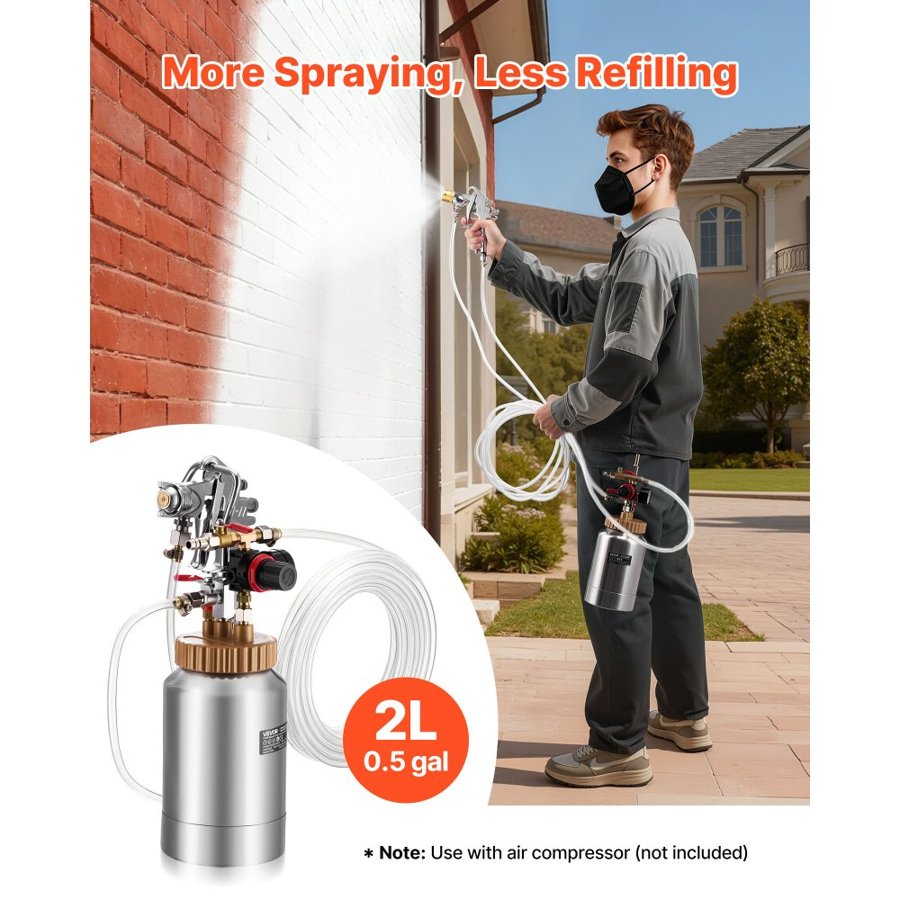 VEVOR Spray Paint Pressure Pot, 2 L Pressure Pot Paint Sprayer, φ1.8mm + φ3mm Two Spray Guns Central Pneumatic Sprays Gun with Two 3 m Hoses for Furniture, Car, 3 Adjustable Controls