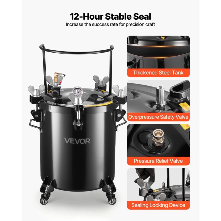 VEVOR Pressure Tank, 40 L Heavy Duty Steel Pressure Pot Tank, with Three Quick-Connect Couplers for Home Use, DIY, Art Creations, Large-Diameter Tanks