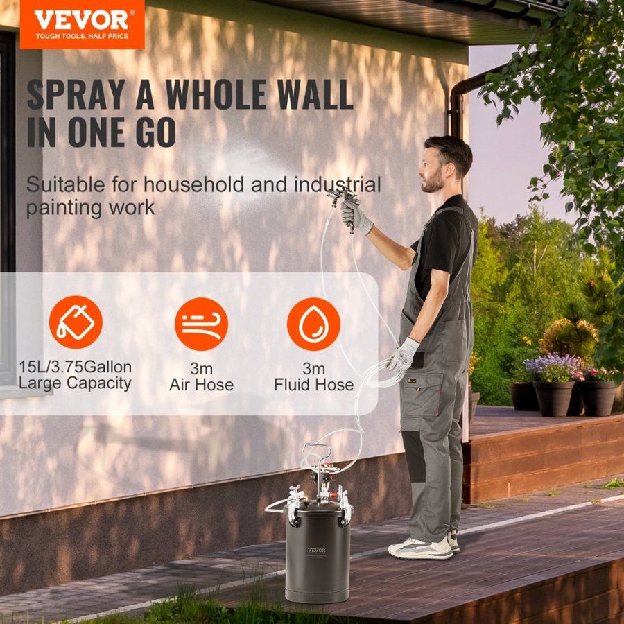 VEVOR Spray Paint Pressure Pot, 15L/3.75gal Pressure Pot Tank, 60 psi Adjustale Pressure, Steel Pressure Pot Paint Tank with Spray Gun, Hoses, Pressure Gauge, for Home Decor and Industry Painting