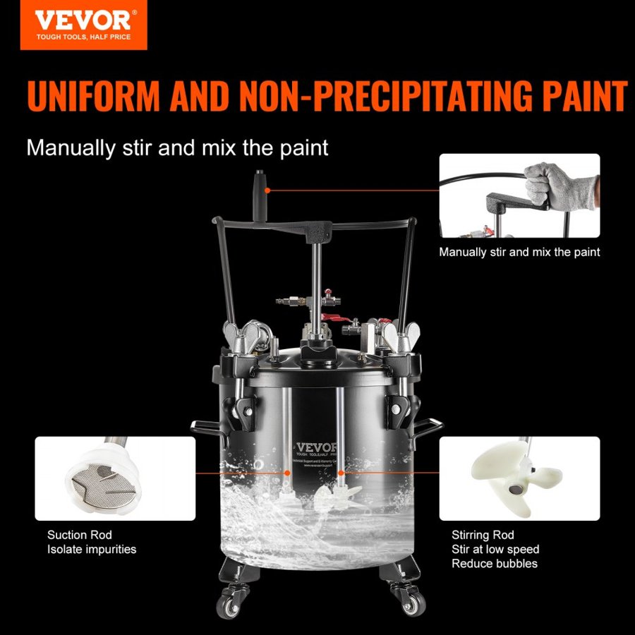 VEVOR Spray Paint Pressure Pot, 20L/5gal Pressure Pot Tank, 70 psi Adjustale Pressure, Steel Pressure Pot Paint Tank with Casters and Leak Repair Sealant, for Home Decor and Industry Painting