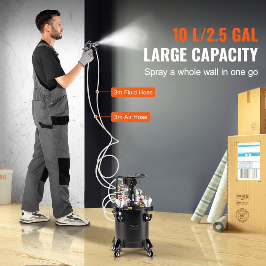VEVOR Spray Paint Pressure Pot, 10 L/2.5 gal Fully Automatic Stirring Pressure Pot Tank, 70 psi Adjustale Pressure, Pressure Pot Paint Tank with Spray Gun and Hoses, for Home Decor Industry Painting