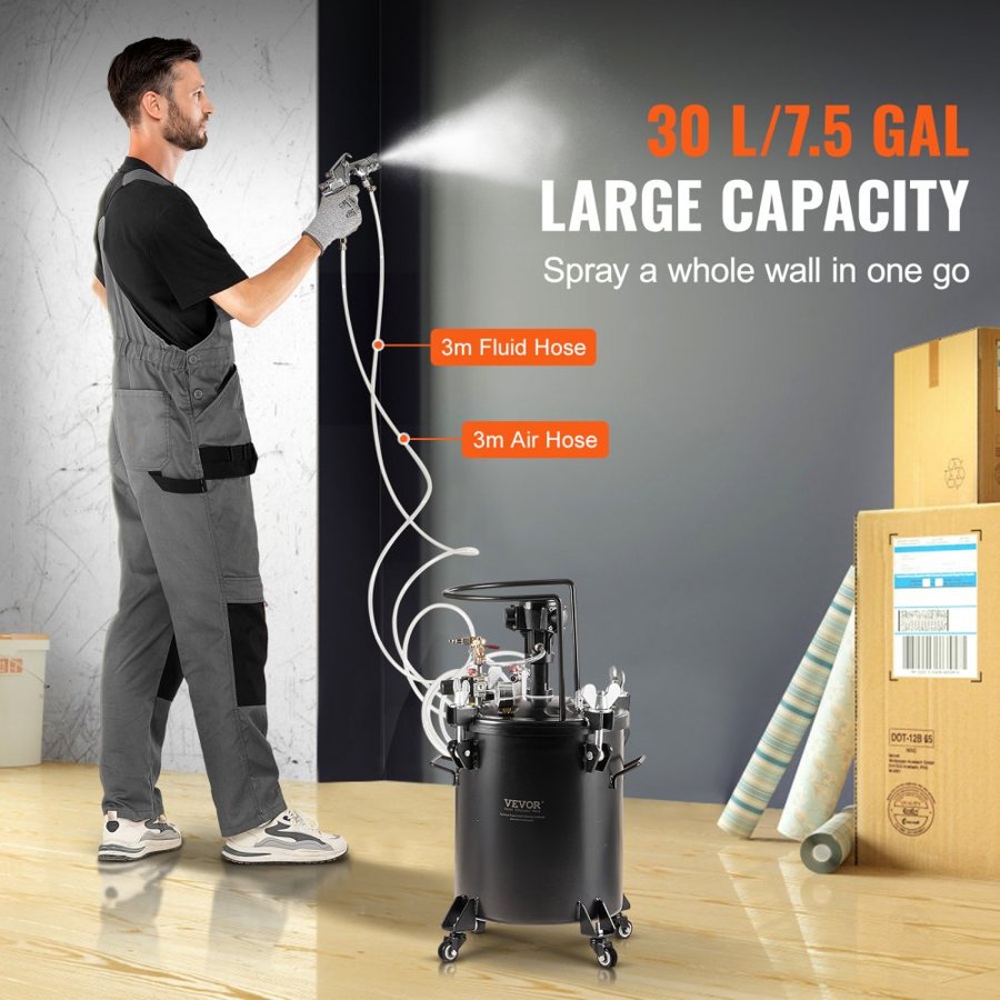 VEVOR Spray Paint Pressure Pot, 30 L/7.5 gal Fully Automatic Stirring Pressure Pot Tank, 70 psi Adjustale Pressure, Pressure Pot Paint Tank with Spray Gun and Hoses, for Home Decor Industry Painting