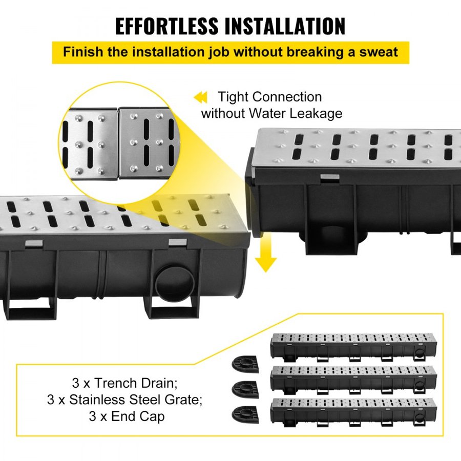 VEVOR Trench Drain System, Channel Drain with Metal Grate, 150x130 mm HDPE Drainage Trench, Black Plastic Garage Floor Drain, 3x39 Trench Drain Grate, with 3 End Caps, for Garden, Driveway-3 Pack