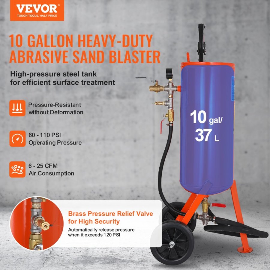 VEVOR 37.9 L Heavy-Duty Sand Blaster 60-110 PSI with 2 Nozzles & 7.5ft/228.6 cm Hose