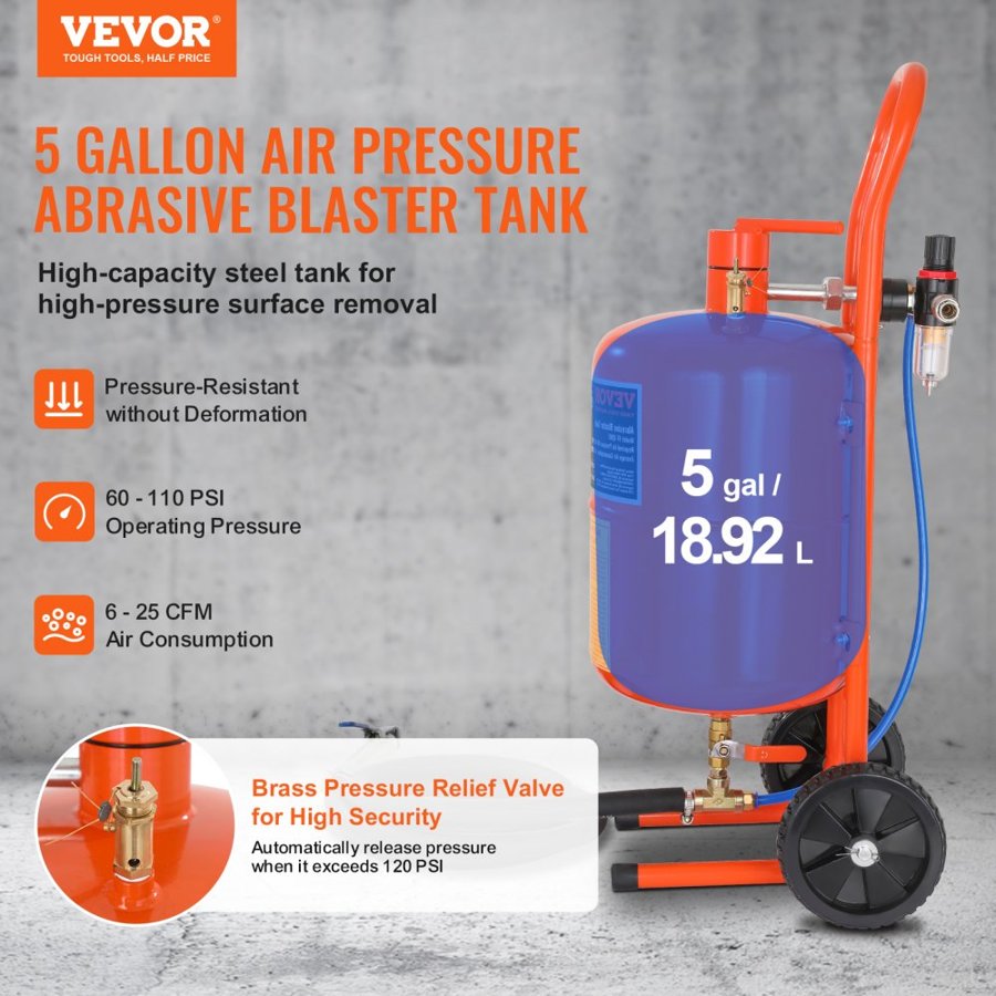 VEVOR 18.9 L Sand Blaster 60-110 PSI High Pressure Sandblaster with 4 Nozzles