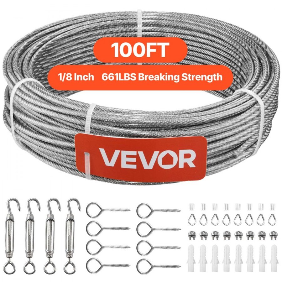 VEVOR Wire Rope Kit – 1/8", 100ft, 304 Steel, 661lb, 7x7