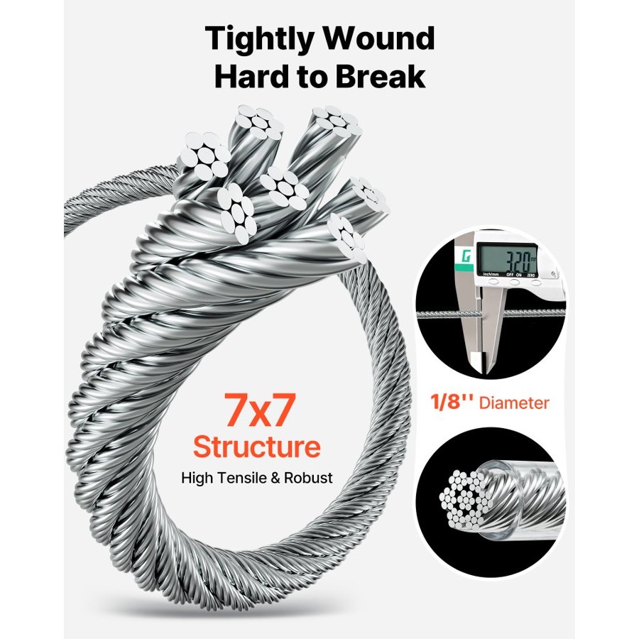 VEVOR Wire Rope Kit – 1/8", 100ft, 304 Steel, 661lb, 7x7