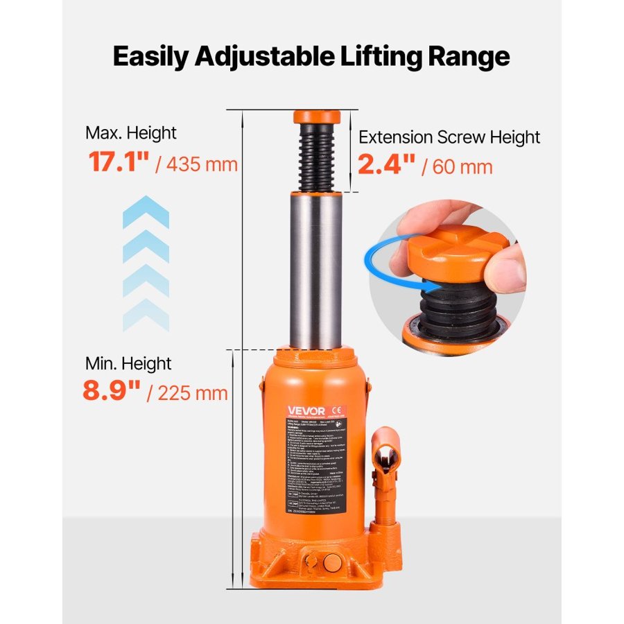 VEVOR 20 Ton Hydraulic Bottle Jack – 8.9-17.1 in. Lift