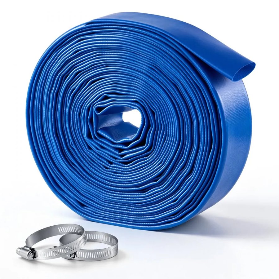 VEVOR Discharge Hose 1-1/2" x 15.2 m PVC Lay Flat Backwash Water Pump Hose, for Swimming Pool Sand Filter & Sump Pump, Heavy Duty, Water Transfer Drainage, Weather & Burst-Resistant, with Clamps, Blue
