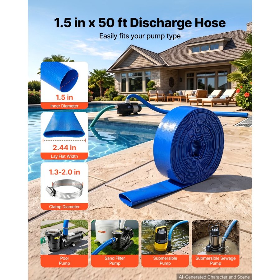 VEVOR Discharge Hose 1-1/2" x 15.2 m PVC Lay Flat Backwash Water Pump Hose, for Swimming Pool Sand Filter & Sump Pump, Heavy Duty, Water Transfer Drainage, Weather & Burst-Resistant, with Clamps, Blue