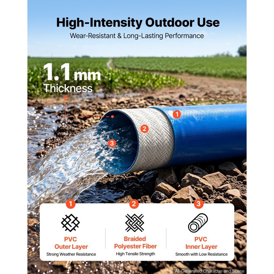 VEVOR Discharge Hose 1-1/2" x 15.2 m PVC Lay Flat Backwash Water Pump Hose, for Swimming Pool Sand Filter & Sump Pump, Heavy Duty, Water Transfer Drainage, Weather & Burst-Resistant, with Clamps, Blue