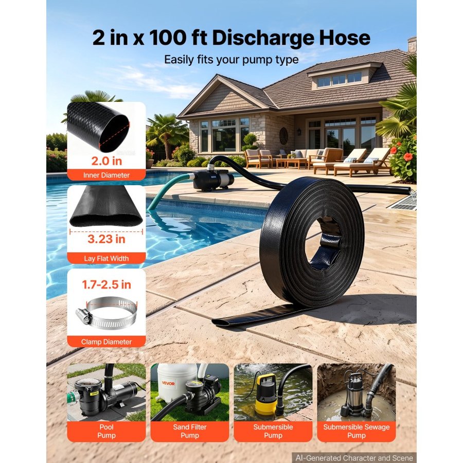 VEVOR Discharge Hose 2" x 30.48 m PVC Lay Flat Backwash Water Pump Hose, for Swimming Pool Sand Filter & Sump Pump, Heavy Duty, Water Transfer Drainage, Weather & Burst-Resistant, with Clamps, Black