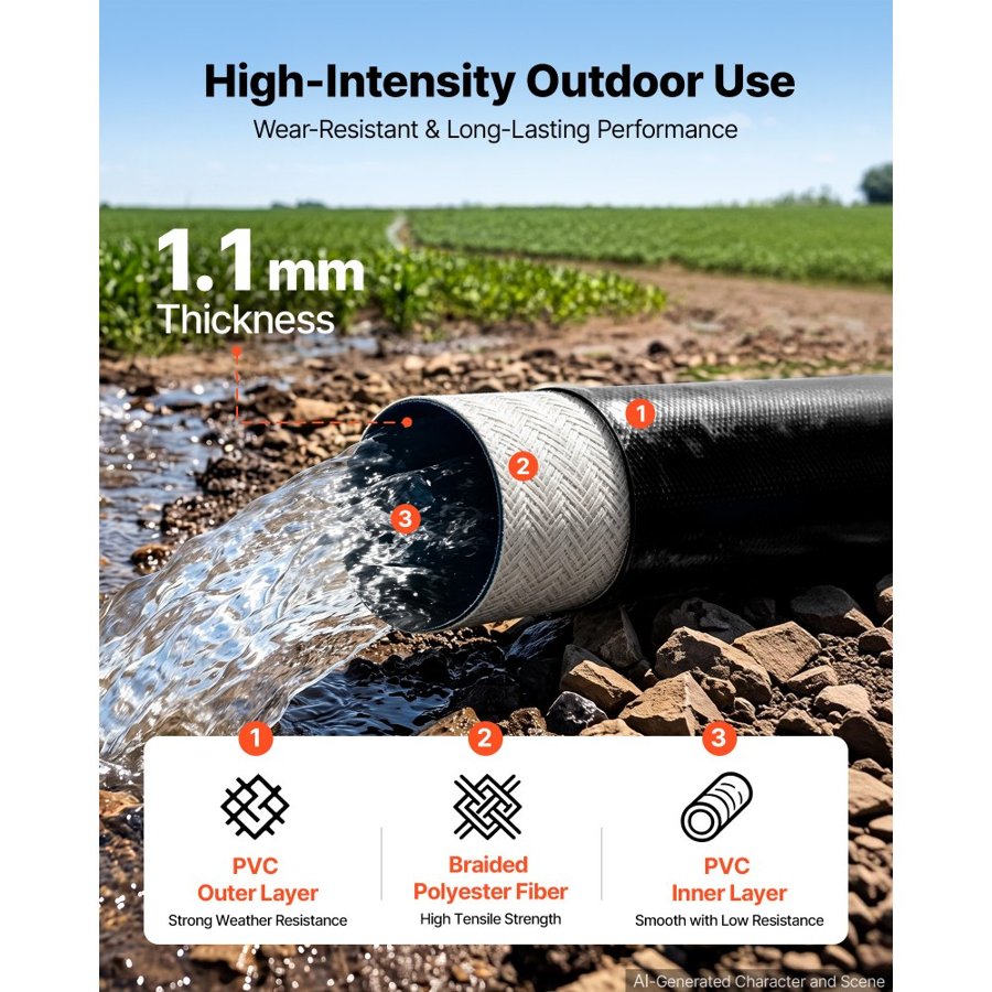 VEVOR Discharge Hose 2" x 30.48 m PVC Lay Flat Backwash Water Pump Hose, for Swimming Pool Sand Filter & Sump Pump, Heavy Duty, Water Transfer Drainage, Weather & Burst-Resistant, with Clamps, Black