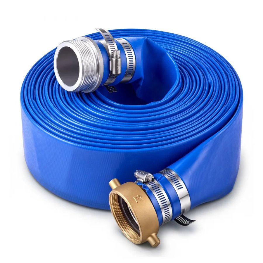 VEVOR Discharge Hose 2" x 15.2 m PVC Lay Flat Backwash Water Pump Pool Hose, for Swimming Pool Sand Filter & Sump Pump, Water Transfer Drainage, Weather & Burst-Resistant, with Pin Lug Fittings, Blue