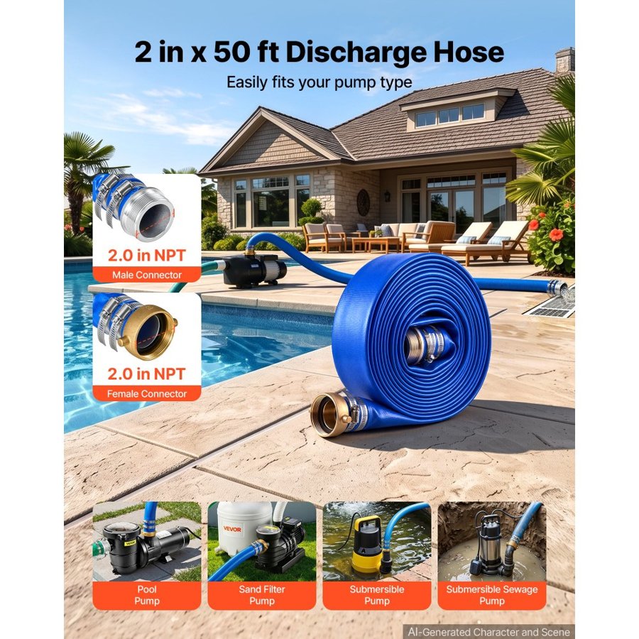 VEVOR Discharge Hose 2" x 15.2 m PVC Lay Flat Backwash Water Pump Pool Hose, for Swimming Pool Sand Filter & Sump Pump, Water Transfer Drainage, Weather & Burst-Resistant, with Pin Lug Fittings, Blue