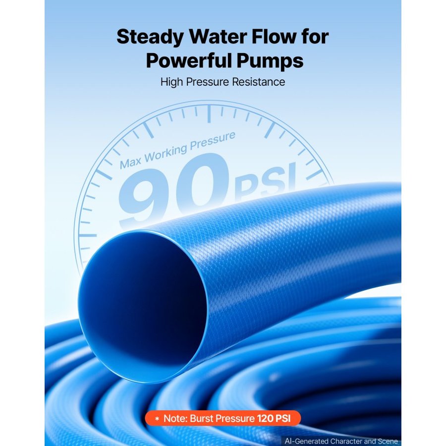 VEVOR Discharge Hose 2" x 15.2 m PVC Lay Flat Backwash Water Pump Pool Hose, for Swimming Pool Sand Filter & Sump Pump, Water Transfer Drainage, Weather & Burst-Resistant, with Pin Lug Fittings, Blue