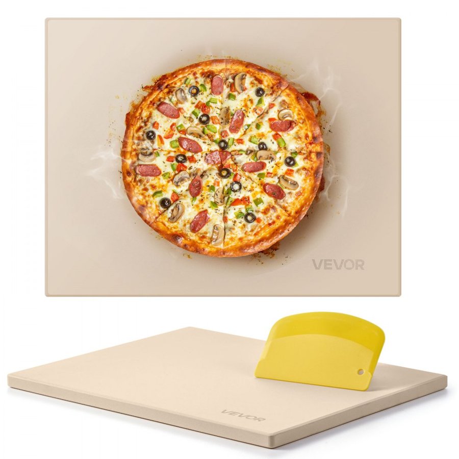 VEVOR Pizza Stone, 38 x 30 cm Rectangular Cordierite Pizza Stone, Extra Large Baking-Stone with Scraper, 15 mm Thick Heat-Resistant Cordierite, for Kitchen Oven, Baking Bread & Pizzas, BBQ Grilling