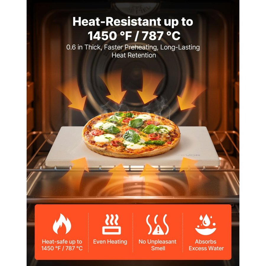 VEVOR Pizza Stone, 38 x 30 cm Rectangular Cordierite Pizza Stone, Extra Large Baking-Stone with Scraper, 15 mm Thick Heat-Resistant Cordierite, for Kitchen Oven, Baking Bread & Pizzas, BBQ Grilling