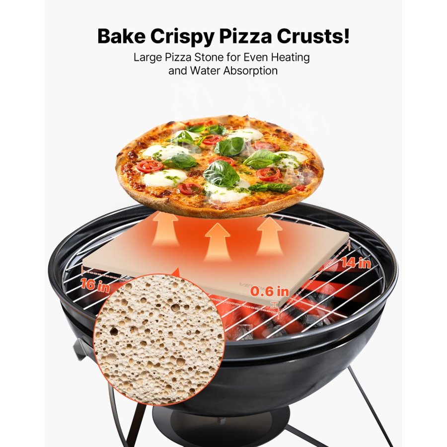 VEVOR Pizza Stone, 406 x 355 mm Rectangular Cordierite Pizza Stone, Extra Large Baking-Stone with Scraper, 15 mm Thick Heat-Resistant Cordierite, for Kitchen Oven, Baking Bread & Pizzas, BBQ Grilling