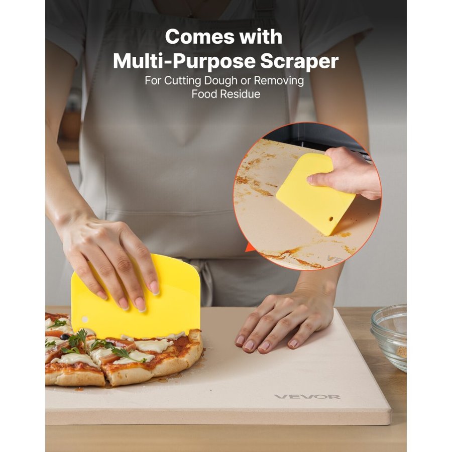 VEVOR Pizza Stone, 406 x 355 mm Rectangular Cordierite Pizza Stone, Extra Large Baking-Stone with Scraper, 15 mm Thick Heat-Resistant Cordierite, for Kitchen Oven, Baking Bread & Pizzas, BBQ Grilling