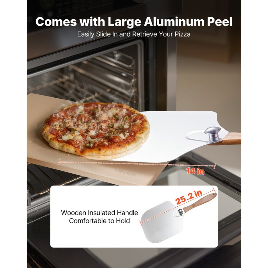 VEVOR Pizza Stone, 508 x 355 mm Rectangular Cordierite Pizza Stone, Extra Large Baking-Stone with Aluminum Peel, 15 mm Thick Heat-Resistant Cordierite, for Oven, Baking Bread & Pizzas, BBQ Grilling