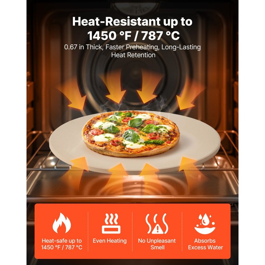 VEVOR Pizza Stone, 406 mm Round Cordierite Pizza Stone, Extra Large Baking-Stone with a Durable Stand, 17 mm Thickness Heat-Resistant Cooking Cordierite, for Kitchen Oven, Baking Pizzas, BBQ Grilling