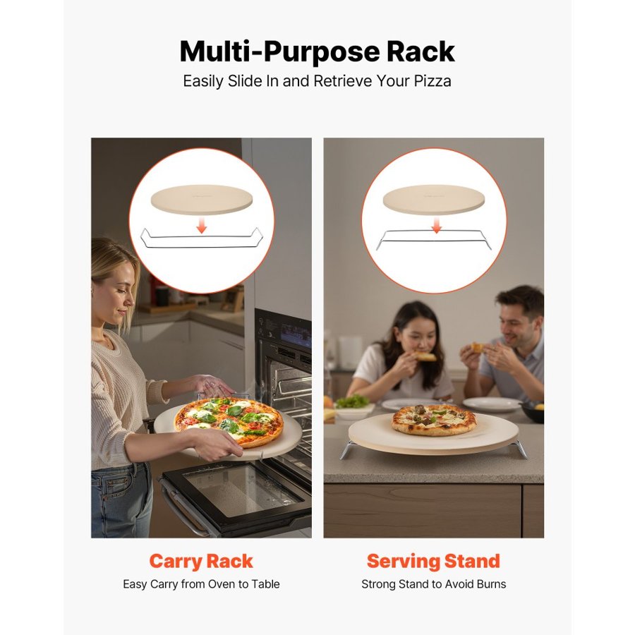 VEVOR Pizza Stone, 406 mm Round Cordierite Pizza Stone, Extra Large Baking-Stone with a Durable Stand, 17 mm Thickness Heat-Resistant Cooking Cordierite, for Kitchen Oven, Baking Pizzas, BBQ Grilling