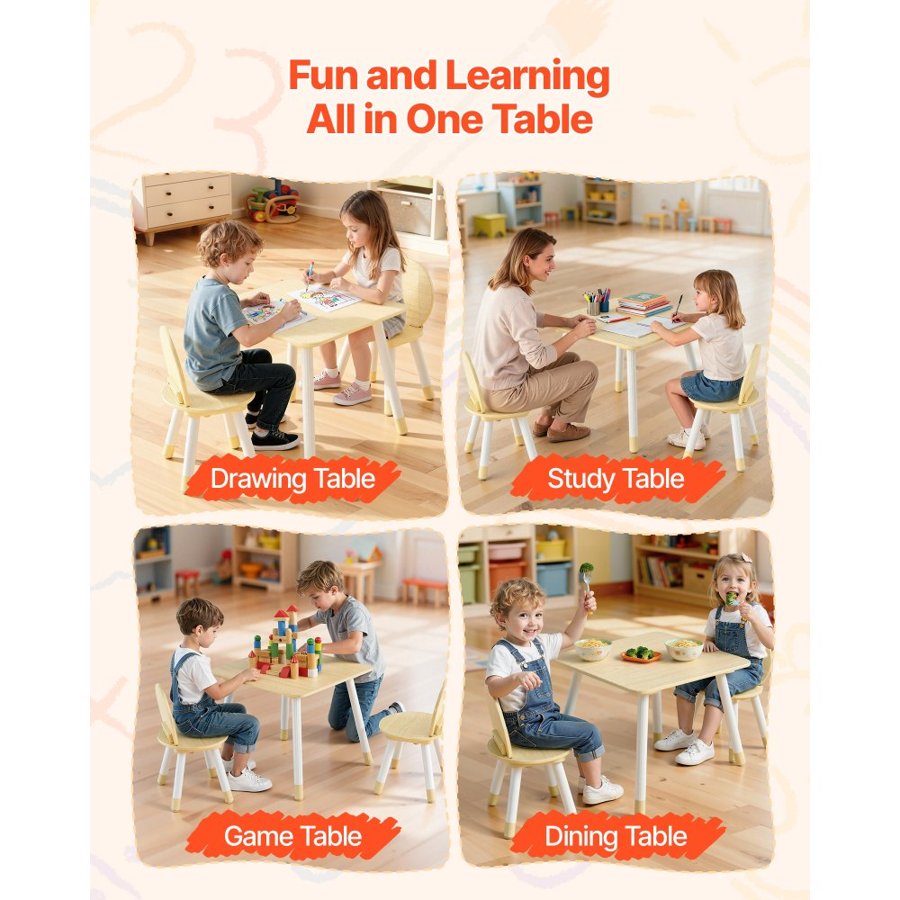 VEVOR Kids Table and 2 Chairs Set, Toddler Table and Chair Set with Rounded Edge Design & Graffiti Desktop, Wooden Desk for Art, Craft, Reading, Learning, Drawing, Classroom/Daycare/Home, Burlywood