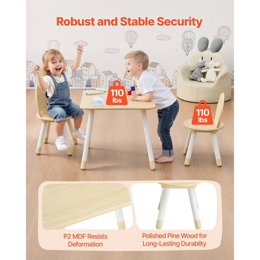 VEVOR Kids Table and 2 Chairs Set, Toddler Table and Chair Set with Rounded Edge Design & Graffiti Desktop, Wooden Desk for Art, Craft, Reading, Learning, Drawing, Classroom/Daycare/Home, Burlywood