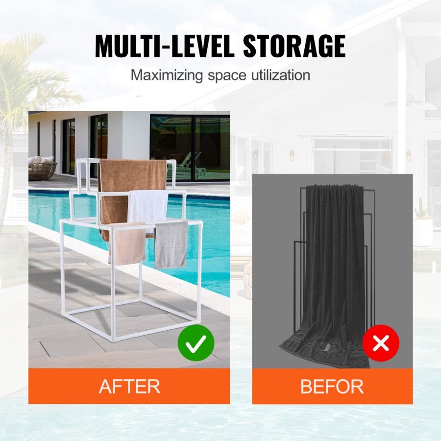 VEVOR Towel Rack, 8 Bars Outdoor PVC Towel Holder, Freestanding Pool Towel Hanger Stand Next to Hot Tub, Outdoor Indoor Quilt Drying Rack Organizer, Ideal for Poolside, Bathroom, Spa, White