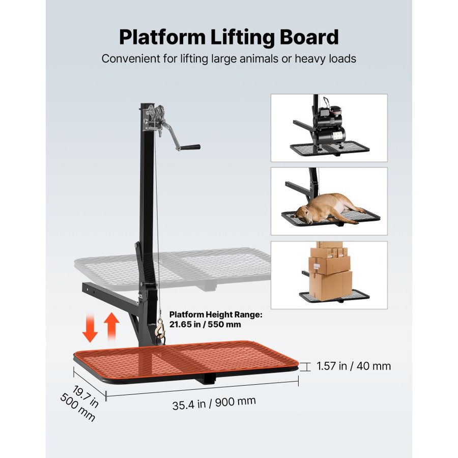 VEVOR Hitch Deer Hoist with Lifting System Platform, 300 lbs Load Capacity, Game Hoist Winch Lift with 2-inch Receiver, 360-Degree Swivel Shaft & Foldable, Hitch-Mounted Deer Hanger for Moving Game