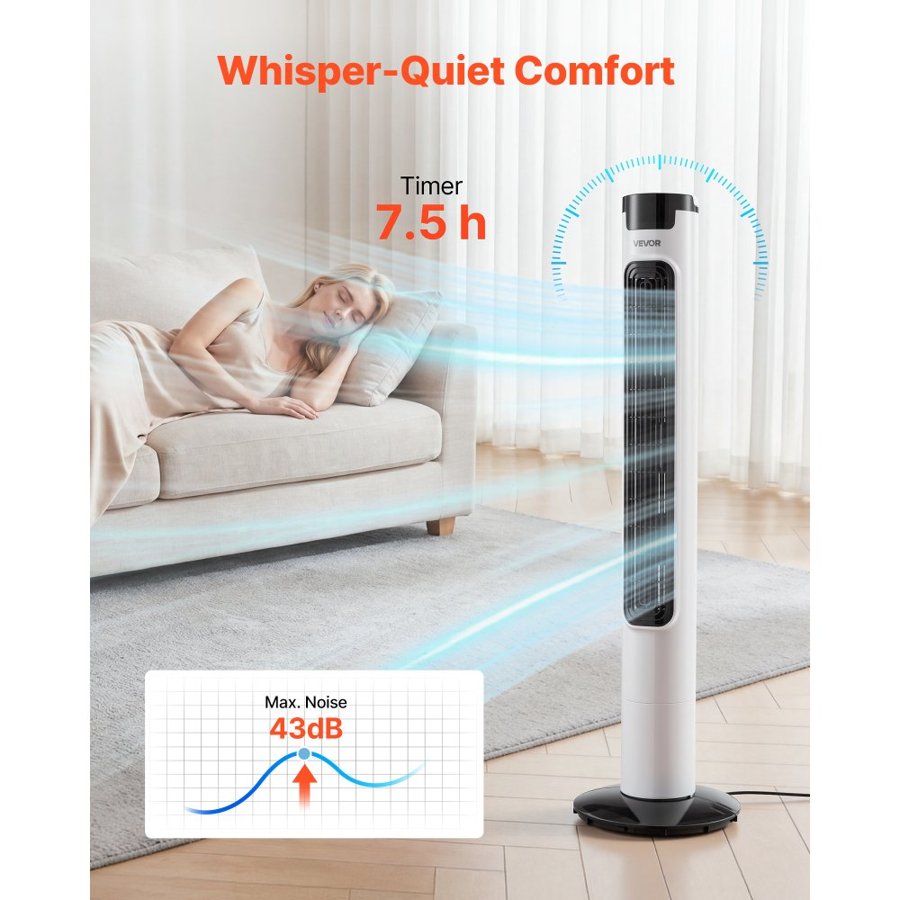 VEVOR Tower Fan, 50-Degree Oscillating Standing Fan, 3 Speeds & 3 Modes & 7.5-Hour Timer, 4.2 m/s High Velocity Floor Air Circulator, Powerful Airflow for Bedroom, Living Room, Home, Office, White