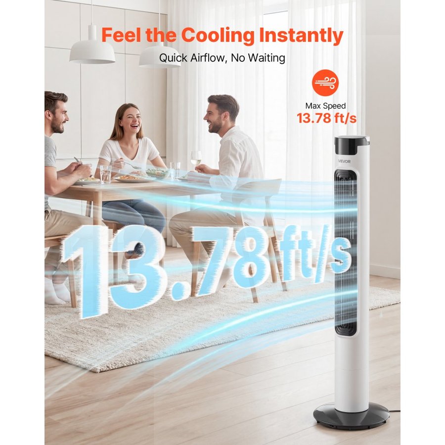 VEVOR Tower Fan, 50-Degree Oscillating Standing Fan, 3 Speeds & 3 Modes & 7.5-Hour Timer, 4.2 m/s High Velocity Floor Air Circulator, Powerful Airflow for Bedroom, Living Room, Home, Office, White