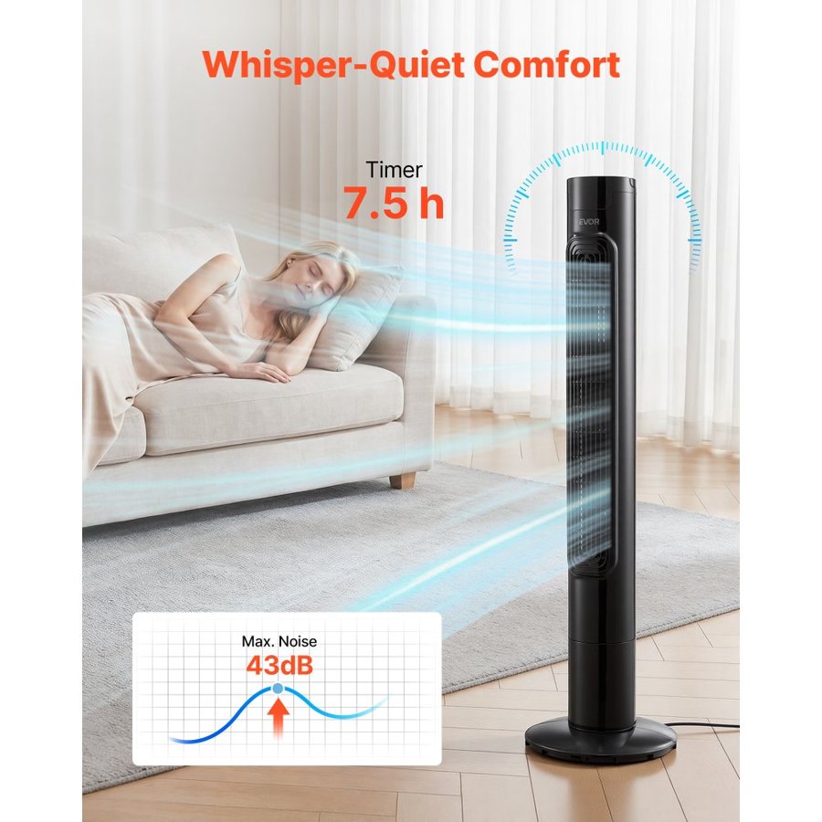 VEVOR Tower Fan, 50-Degree Oscillating Standing Fan, 3 Speeds & 3 Modes & 7.5-Hour Timer, 4.2 m/s High Velocity Floor Air Circulator, Powerful Airflow for Bedroom, Living Room, Home, Office, Black